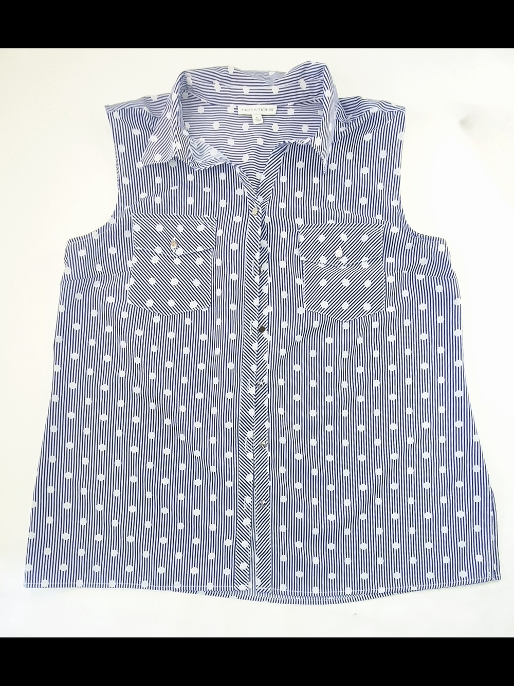 Notations Blue and White Sleeveless Striped And Polka Dot Button-Front Top